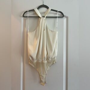Lulus - Elegant Cream satin Halter Bodysuit - size small